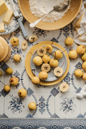 Tło fotograficzne Delft – klasyczne, ręcznie malowane kafelki w stylu delftskim z ornamentalnym wzorem w głębokim kobalcie i chłodnym indygo na tle złamanej bieli i ciepłego ecru. Symetryczne motywy kwiatowe, liście i geometryczne ramki tworzą rytmiczną, architektoniczną kompozycję przywołującą holenderskie malarstwo złotego wieku i impresjonistyczną fascynację wzorem i dekoracją. Idealne do fotografii kulinarnej wypieków, dżemów, owoców, śniadań i rustykalnych kompozycji flat lay w stylu cottagecore i european farmhouse.